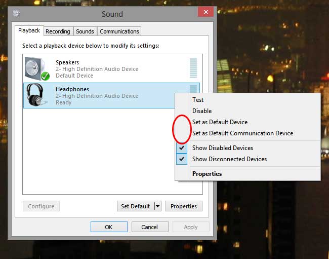 Step 3: Make sure "Set as Default Device" & "Set as Default Communication Device" checked